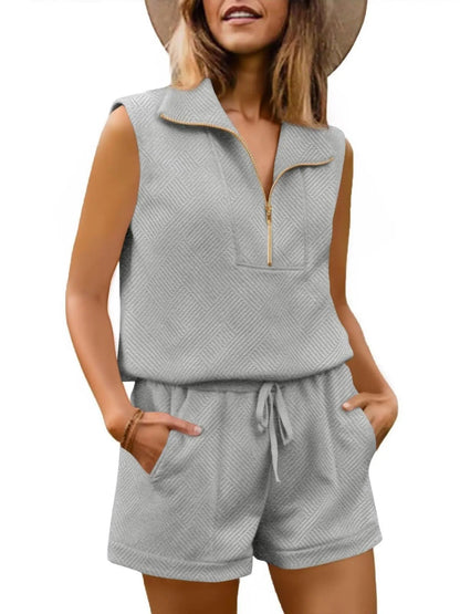 Womens 2 Piece Outfits  extured Quarter-Zip Sleeveless Tops with Shorts