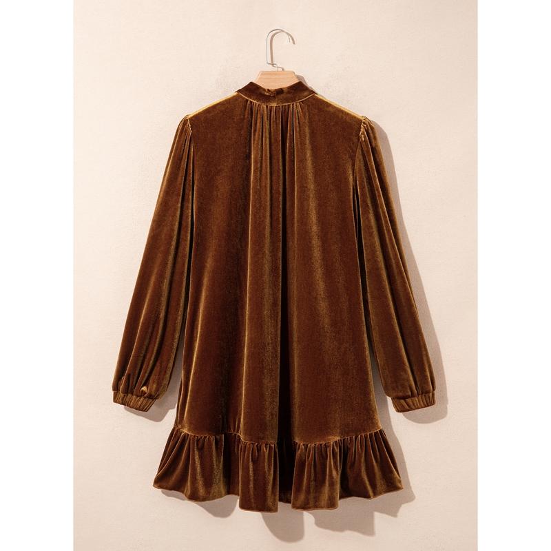 Women Tie Neck Long Sleeve A-Line Babydoll Mini Dress Ruffle Hem