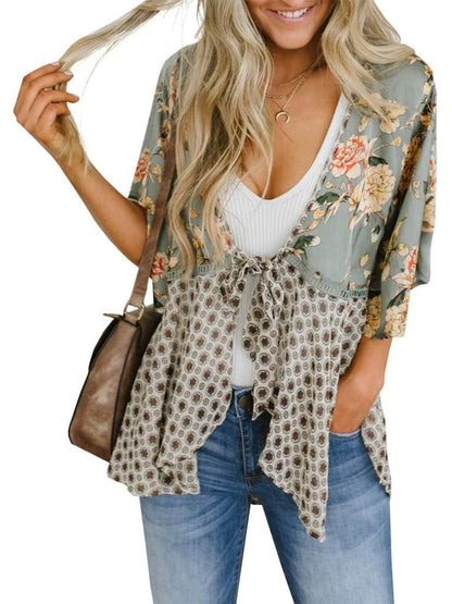 Women's Floral Kimono Ruffle Sleeve Tie Cardigans Flowy Boho Loose Cover Ups