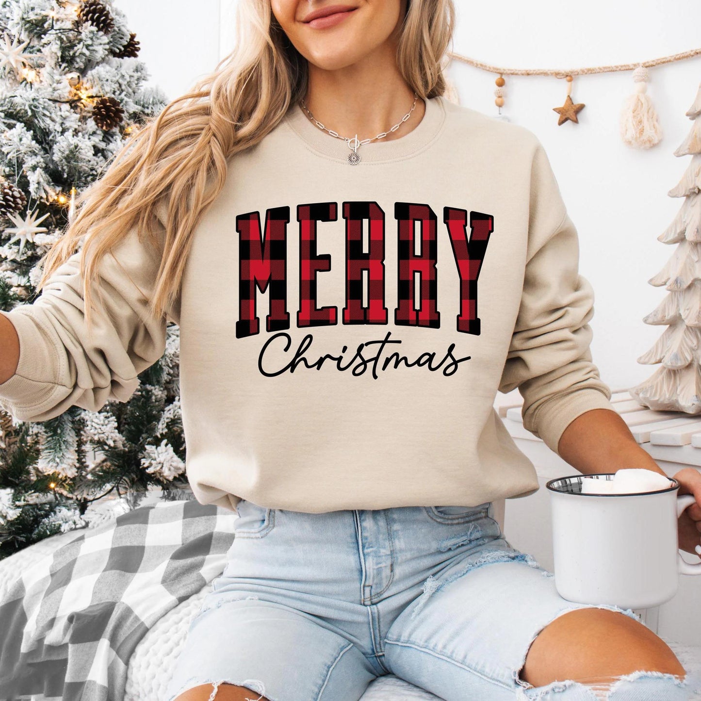 “Merry Christmas” Plaid Graphic Sweatshirt(Buy 2 Free Shipping)
