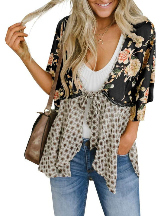 Women's Floral Kimono Ruffle Sleeve Tie Cardigans Flowy Boho Loose Cover Ups