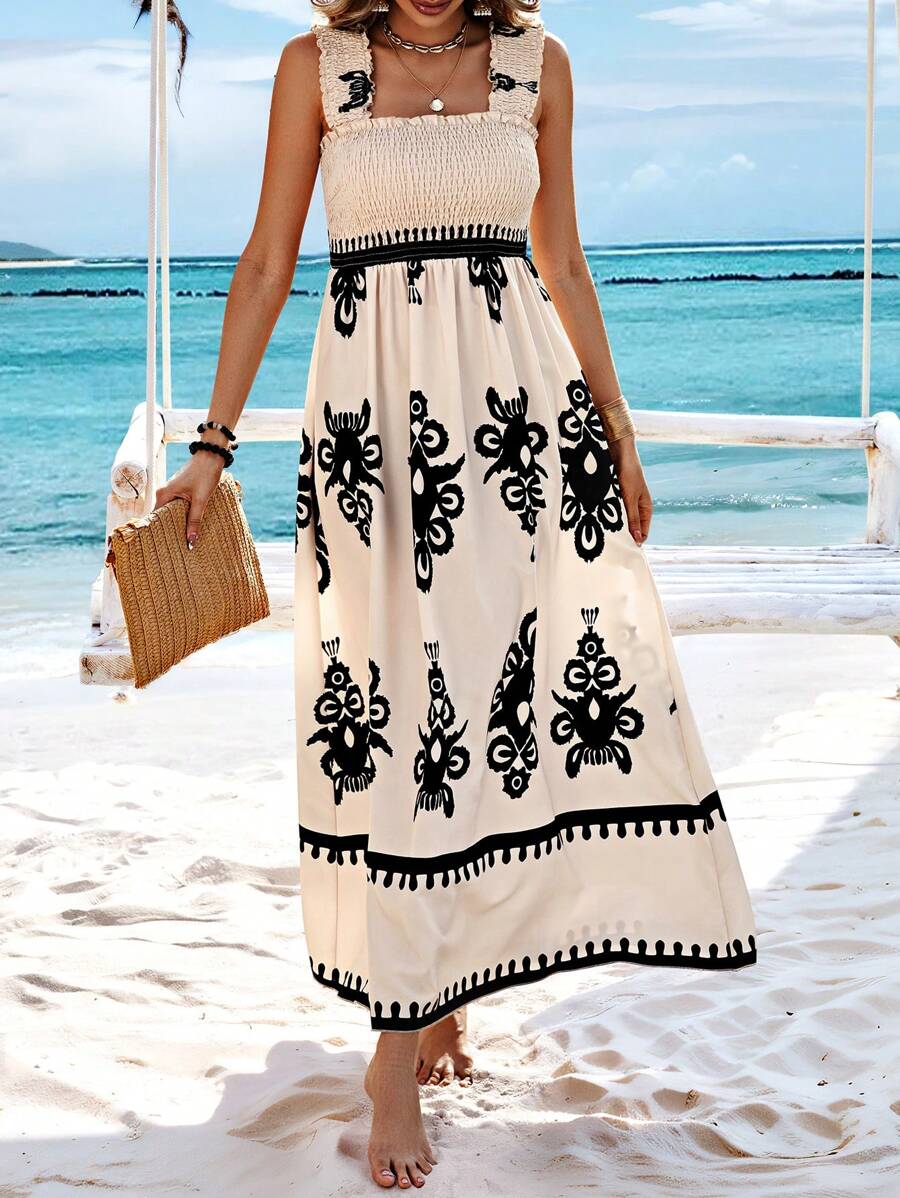 Womens Casual Sleeveless Square Neck Floral Aline Smocked Dresses with Pockets