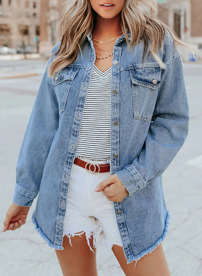 Women's Casual Denim Button Down Distressed Jacket