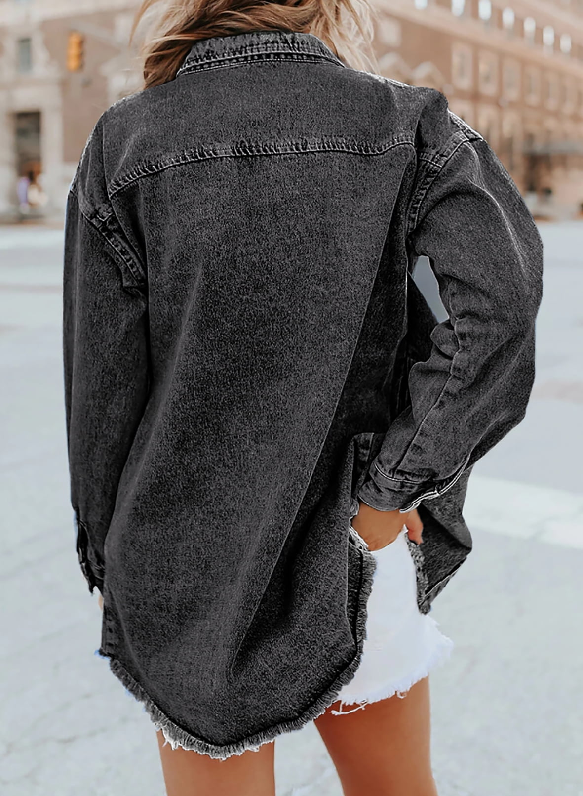 Women's Casual Denim Button Down Distressed Jacket