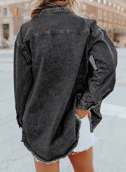 Women's Casual Denim Button Down Distressed Jacket