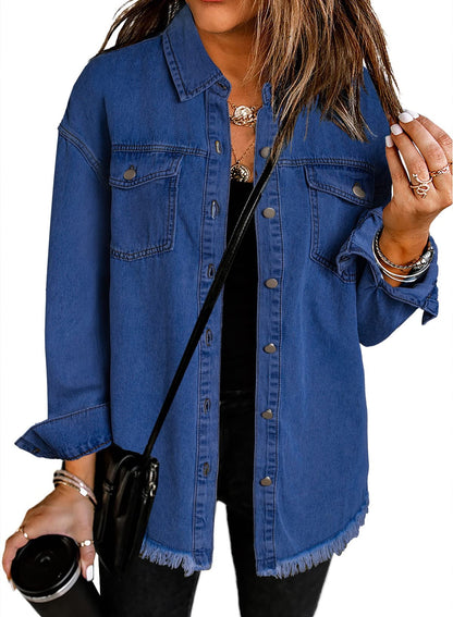 Women's Casual Denim Button Down Distressed Jacket