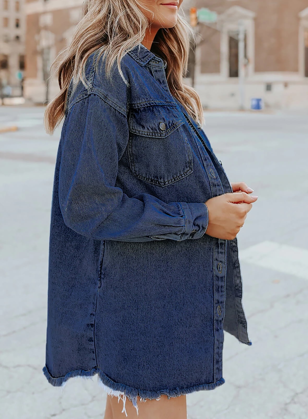 Women's Casual Denim Button Down Distressed Jacket