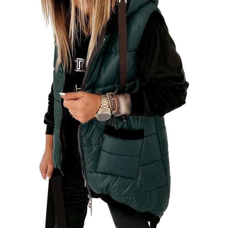 Women's Hooded Puffer Long Vest Lightweight Zipper Up Padded Gilet With Pocket