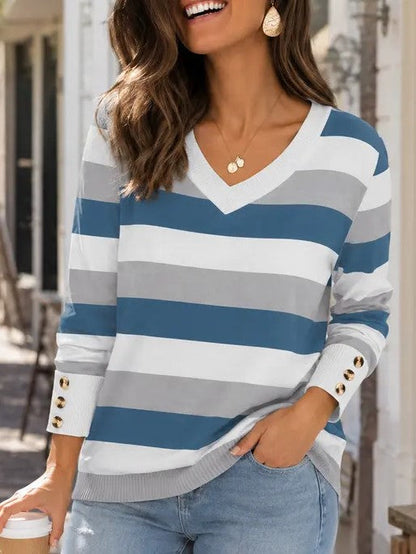 Women's Button‑Cuff V Neck Knit Pullover
