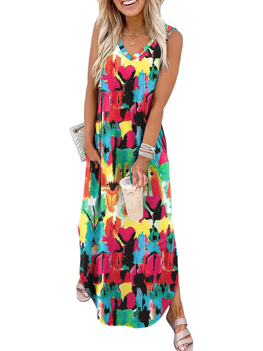 Women's Boho Print V Neck Split Tank Long Dress with Pockets