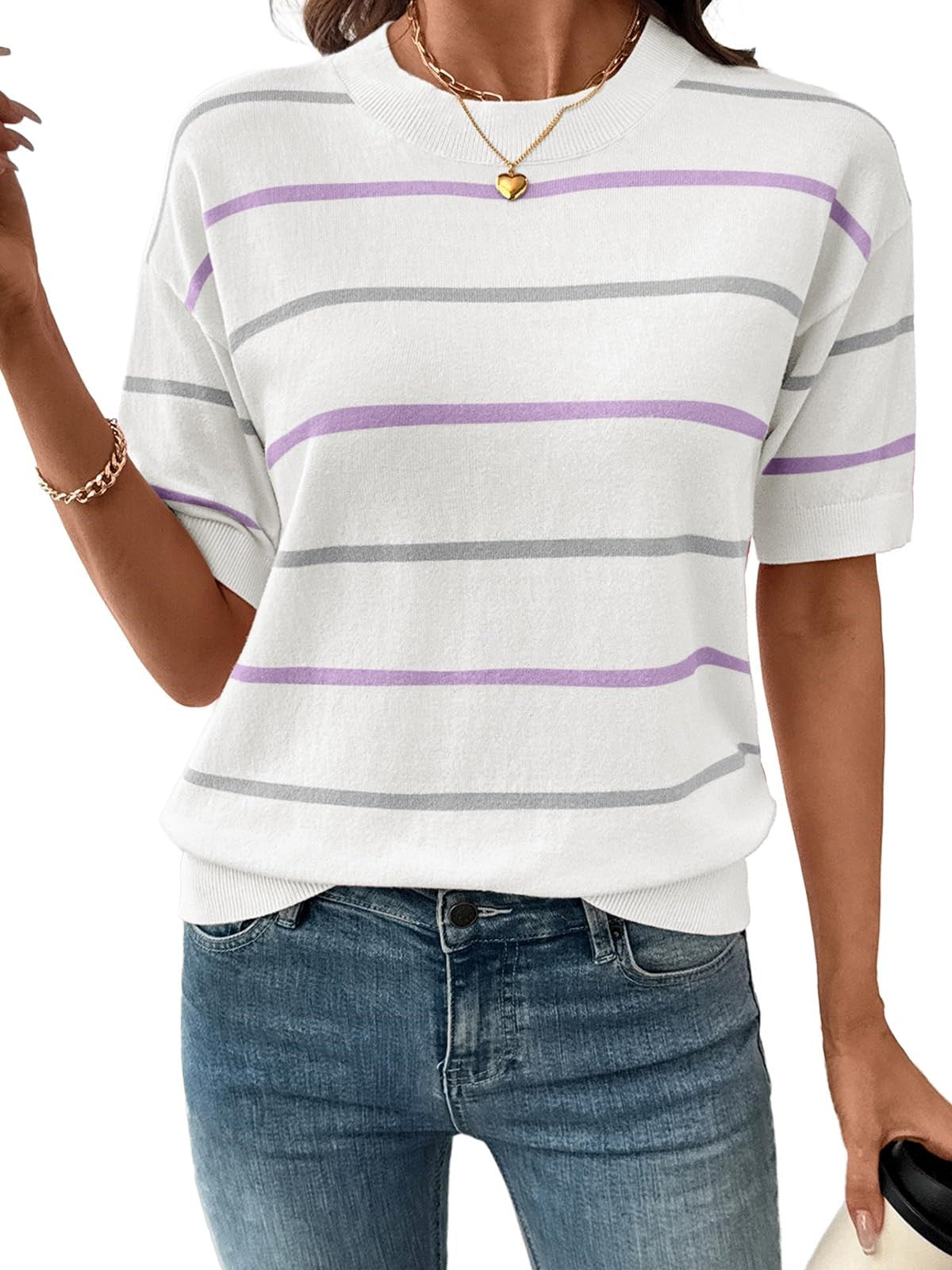 2026 Womens Tops Crewneck Short Sleeve Sweater Pullover Knit Striped Shirt