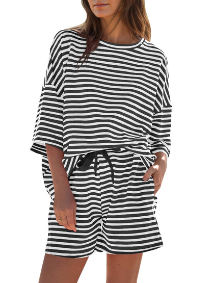 Womens Striped 3/4 Sleeve Oversized Tops High Waisted Shorts Casual Lounge Sets