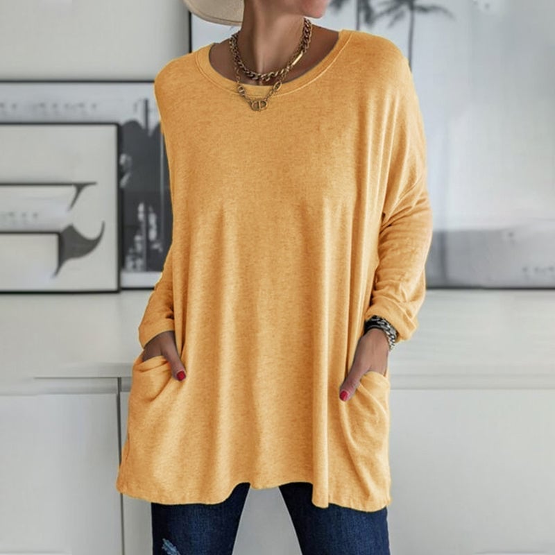 Women's  Round Neck Long Sleeve Loose Pocket Solid T-Shirt