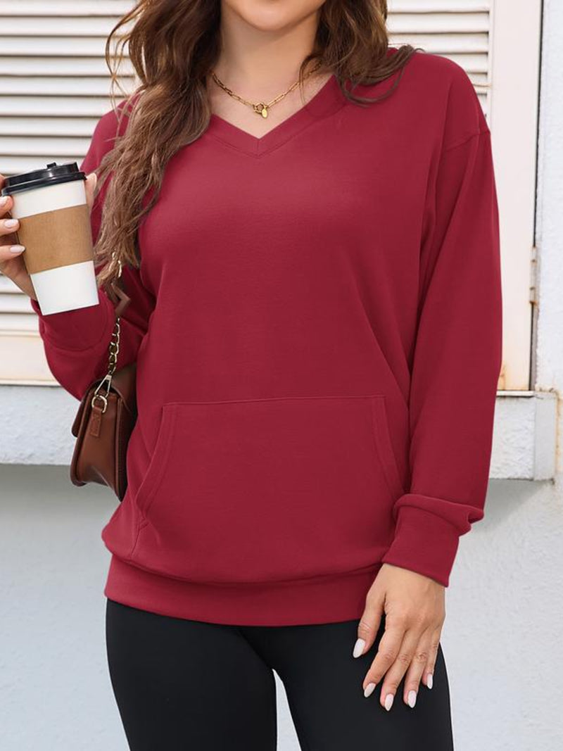 Women's  V-neck Sweatshirt With Kangaroo Pocket Fleece Longsleeve Oversized Tops