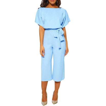Women's casual wide-leg jumpsuit with waist tie