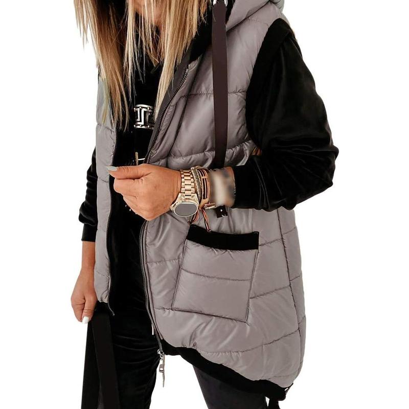 Women's Hooded Puffer Long Vest Lightweight Zipper Up Padded Gilet With Pocket