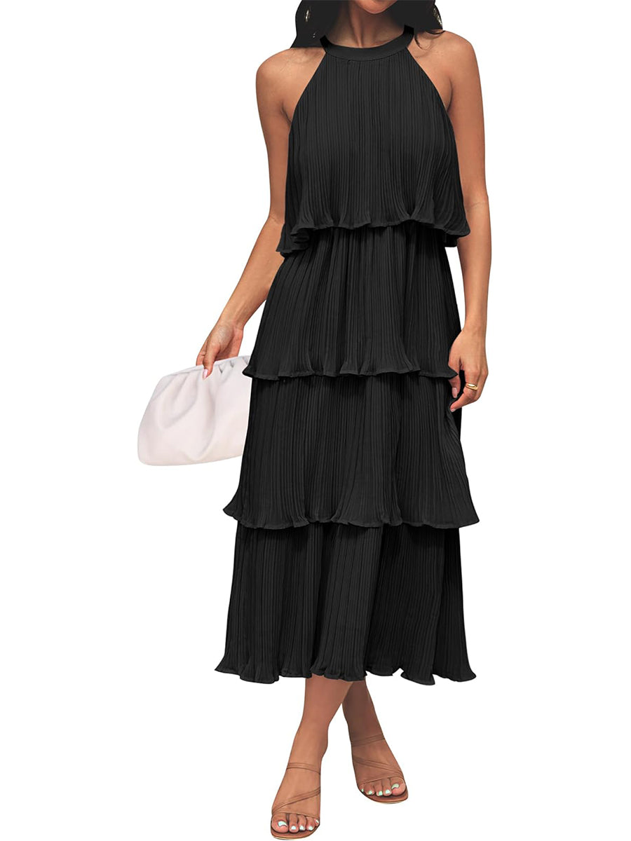 Women's Summer Halter Neck Ruffle Tiered Layered Chiffon Flowy Swing Midi Dress