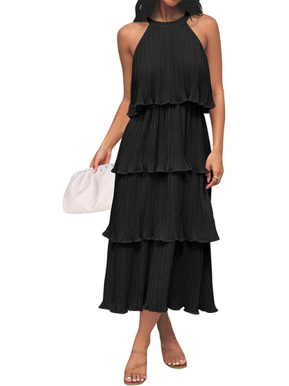 Women's Summer Halter Neck Ruffle Tiered Layered Chiffon Flowy Swing Midi Dress