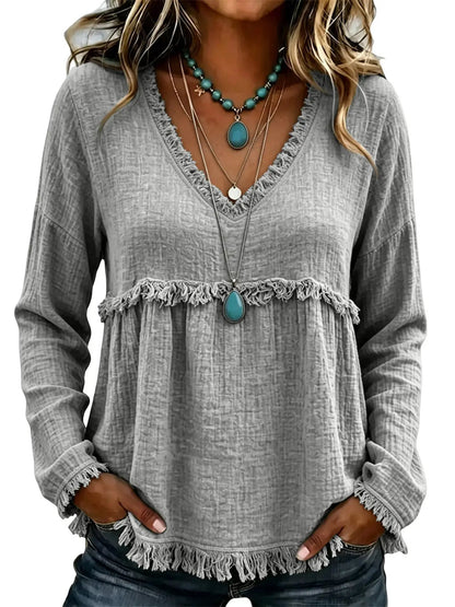 Women Boho Fringe Tassel Blouse V‑Neck Long Sleeve Loose Casual Top