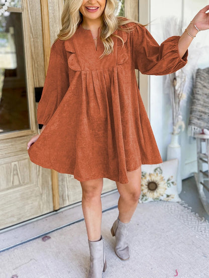 Bracelet Sleeve Split Neck Scallop Detail Pleated Corduroy Mini Dress