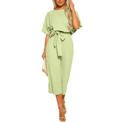 Women's casual wide-leg jumpsuit with waist tie