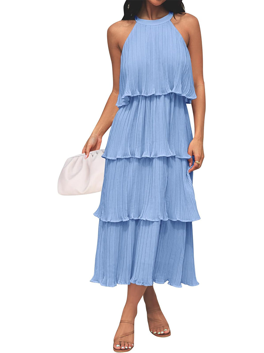 Women's Summer Halter Neck Ruffle Tiered Layered Chiffon Flowy Swing Midi Dress