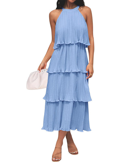 Women's Summer Halter Neck Ruffle Tiered Layered Chiffon Flowy Swing Midi Dress