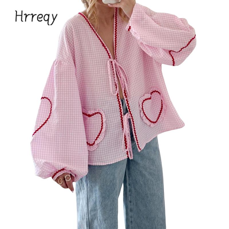 Women Long Sleeve Shirts Heart Embroidery Plaid Front Bowknot Tie-Up Blouses