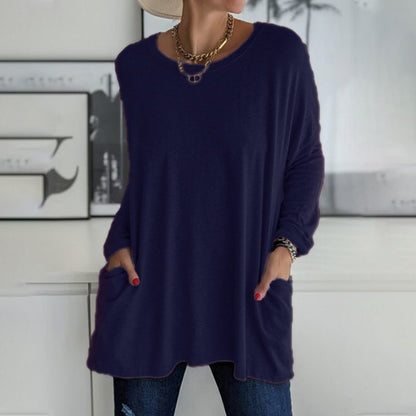 Women's  Round Neck Long Sleeve Loose Pocket Solid T-Shirt