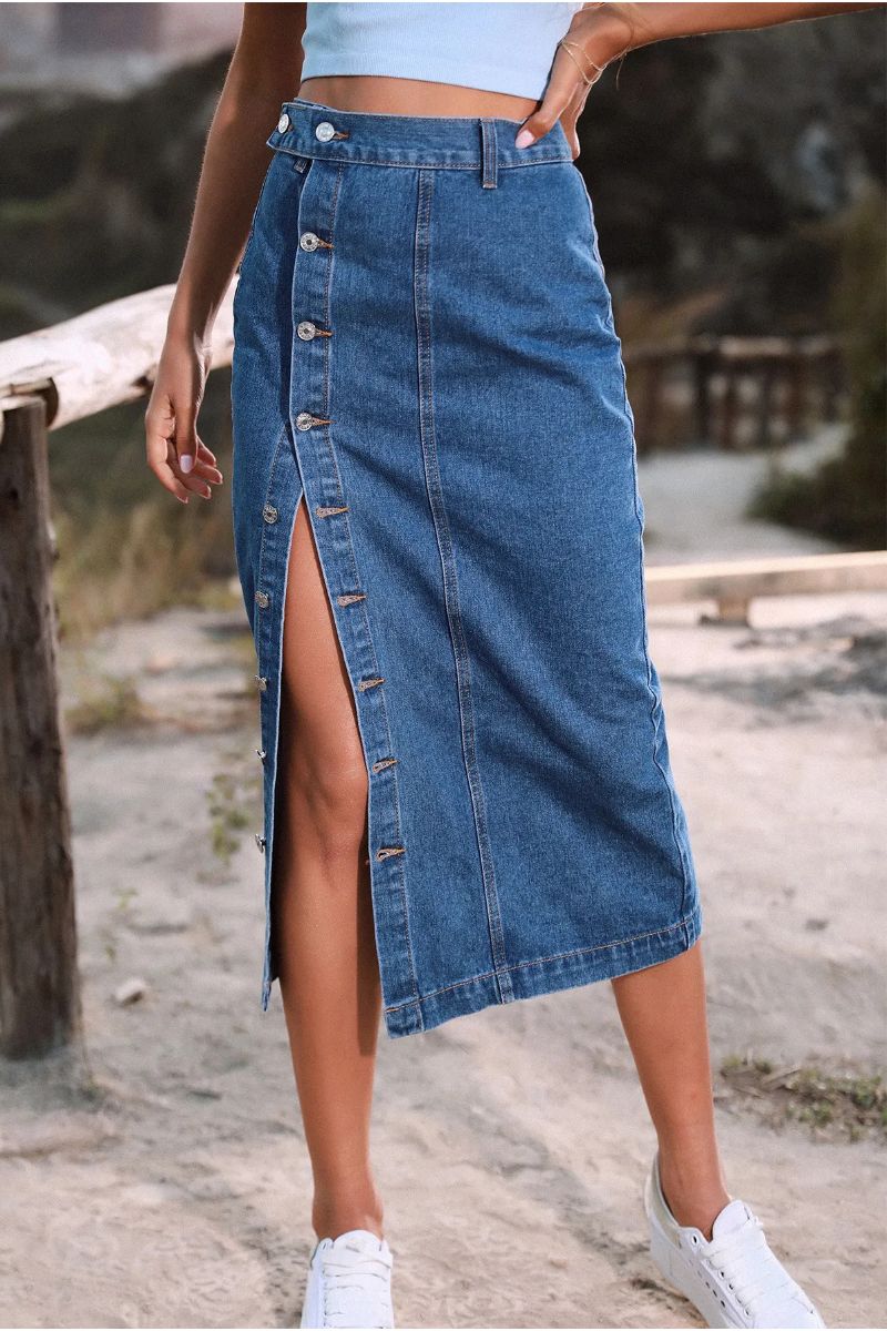 Womens High Waisted Washed Button Front Denim Long Skirt (Buy 2 Free Shipping)