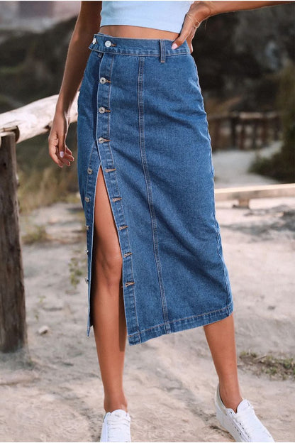 Womens High Waisted Washed Button Front Denim Long Skirt (Buy 2 Free Shipping)