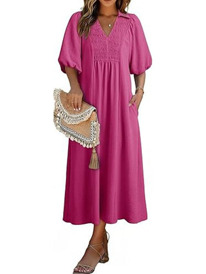Women's Puff Sleeve V-neck Flowing Maxi Dress