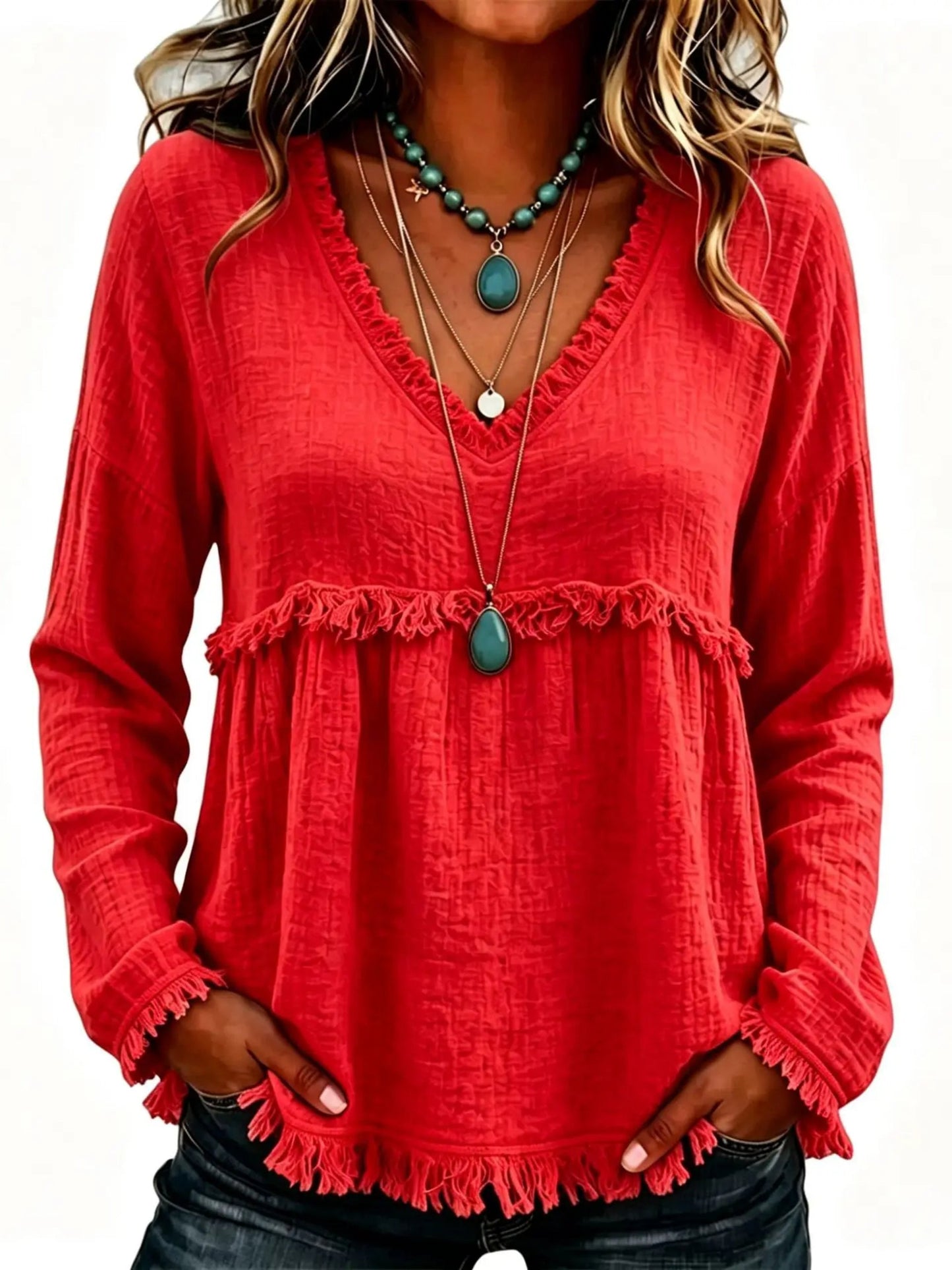 Women Boho Fringe Tassel Blouse V‑Neck Long Sleeve Loose Casual Top