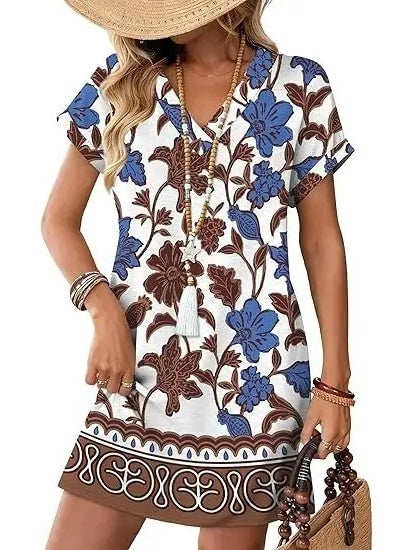 Women's V-Neck  Print Short Sleeve T-Shirt Dress