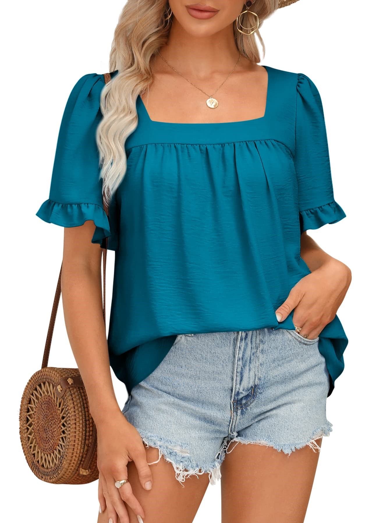 🔥Women's Sqaure Neck Ruffle Sleeve Blouses Peplum Tops