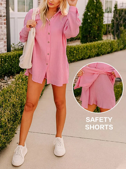 Women's Gauze Button Long-Sleeved and Shorts Set