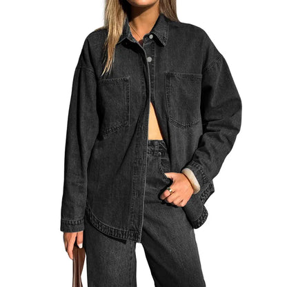 Women Vintage Washed Denim Shacket Long Sleeve Oversized Shacket