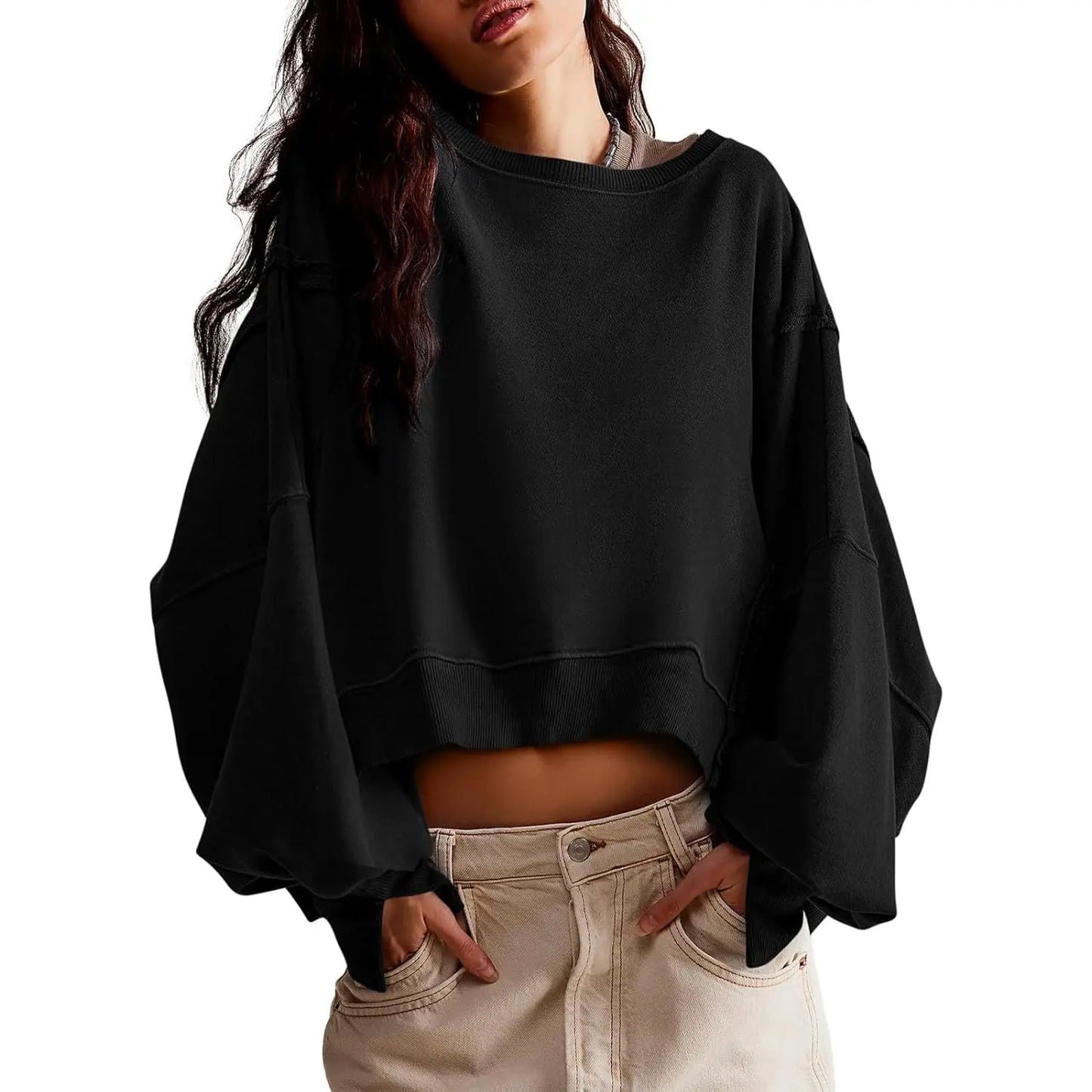 Women Solid Crew Neck Raw Stitch Detail Loose Cropped Sweatshirt