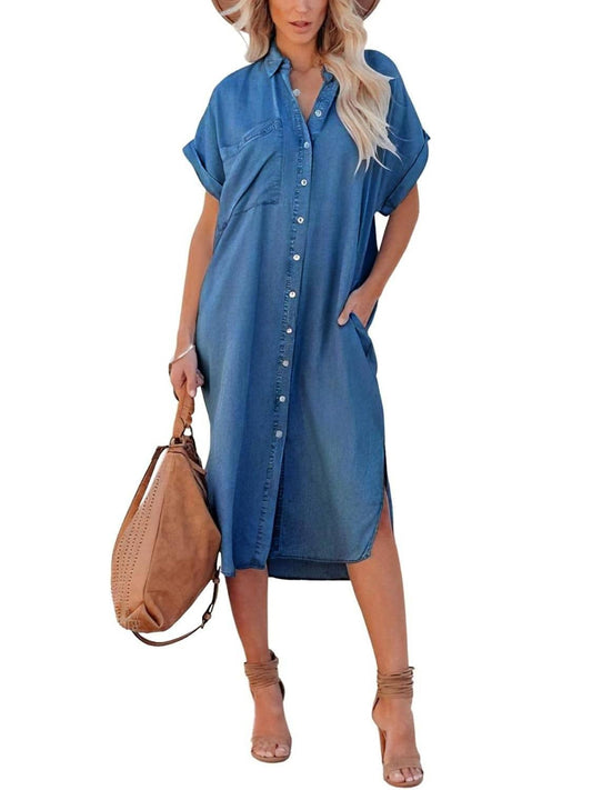 Women's Summer Loose Denim Shirt Dress with Pocket