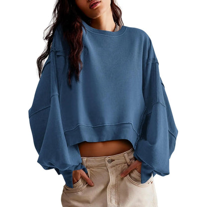 Women Solid Crew Neck Raw Stitch Detail Loose Cropped Sweatshirt