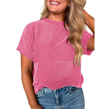 Women Textured Rib Splice Crew Neck Loose Fit Knit Short Sleeve T-shirt