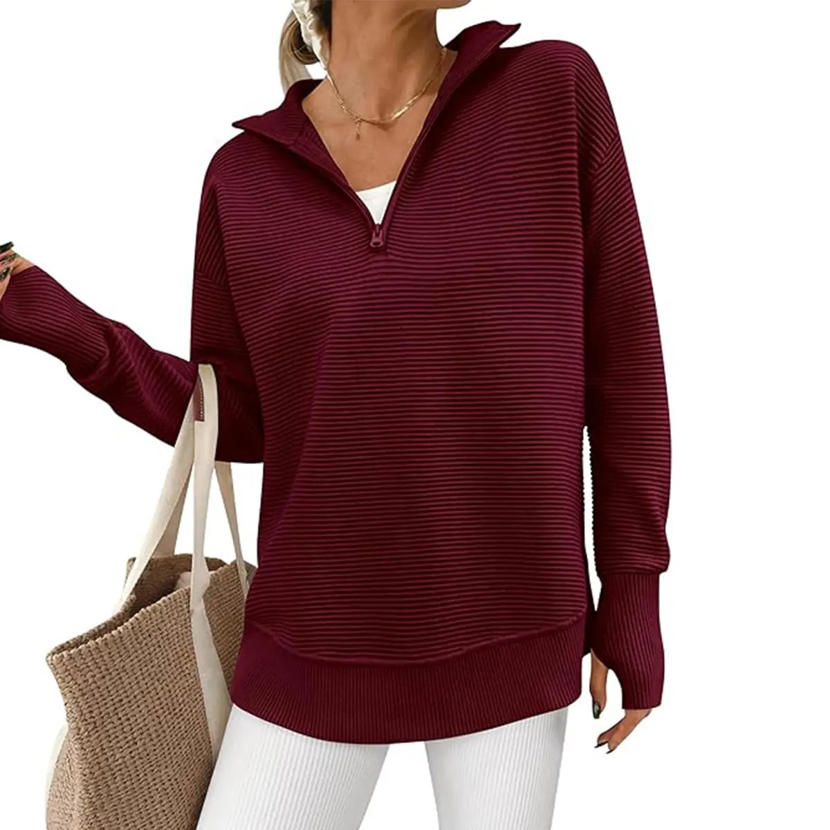Women Oversized Half Zip Collar Vertical Rib Long Sleeve Knit Top