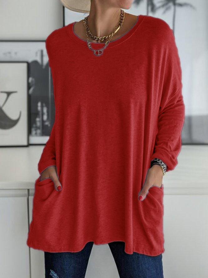 Women's  Round Neck Long Sleeve Loose Pocket Solid T-Shirt