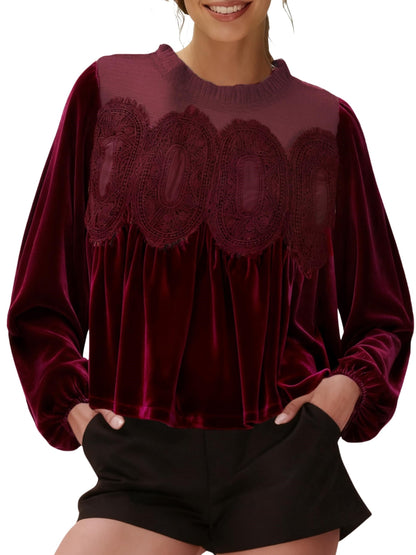 Women's Long Sleeve Velvet Trim Lace Blouse Elegant Flared Swing Top