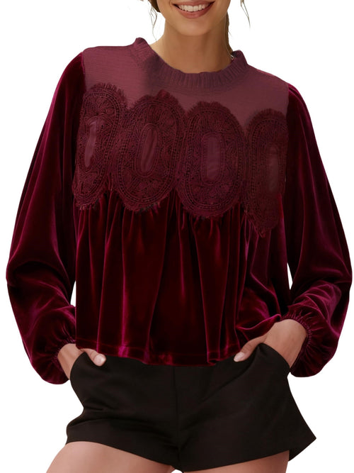 Women's Long Sleeve Velvet Trim Lace Blouse Elegant Flared Swing Top