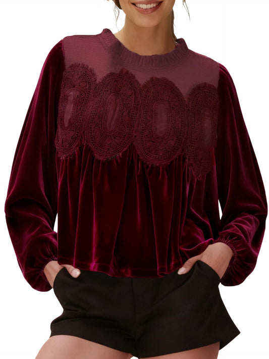 Women's Long Sleeve Velvet Trim Lace Blouse Elegant Flared Swing Top