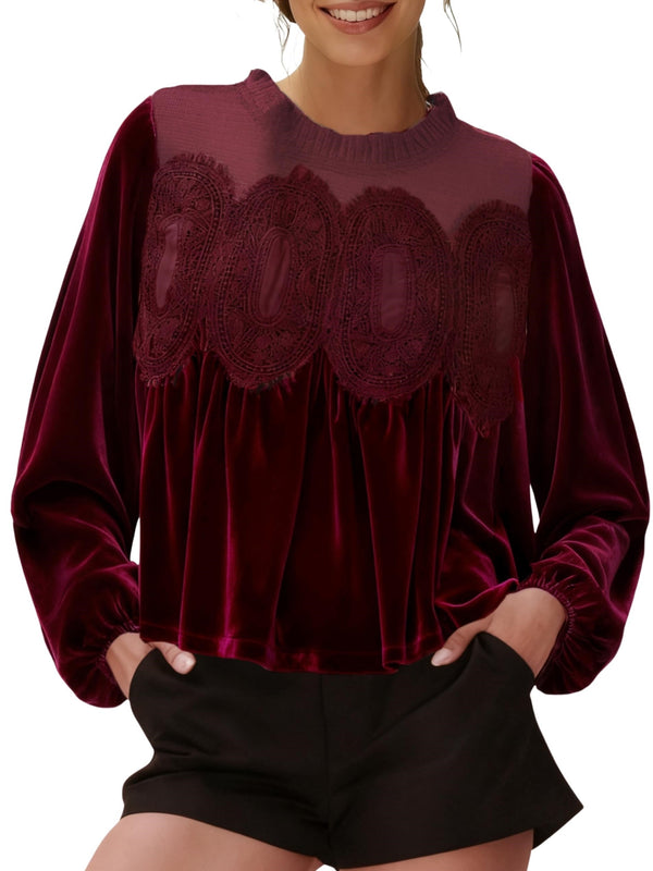 Women's Long Sleeve Velvet Trim Lace Blouse Elegant Flared Swing Top