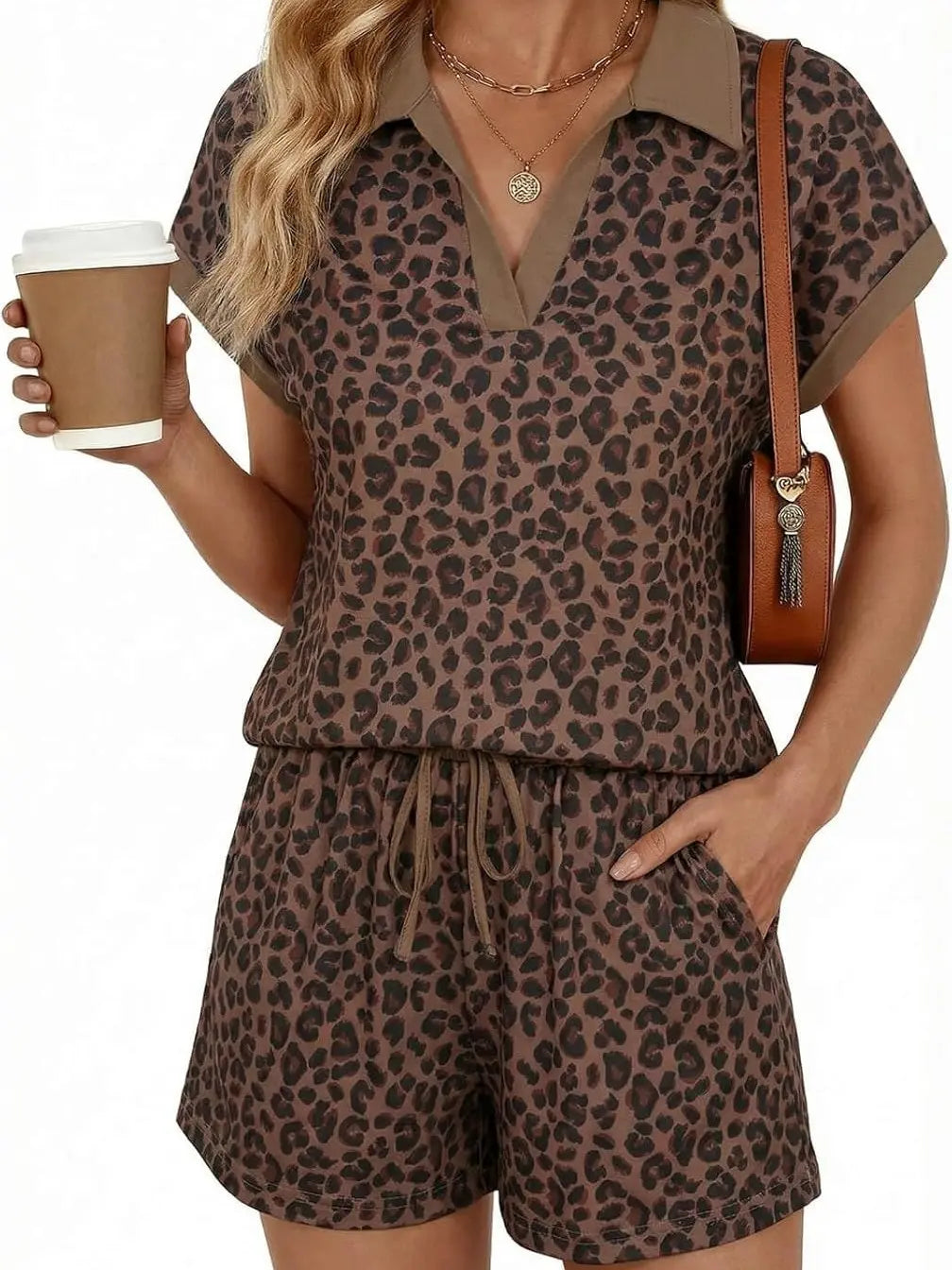 Women's Leopard Print Top & Drawstring Shorts Set