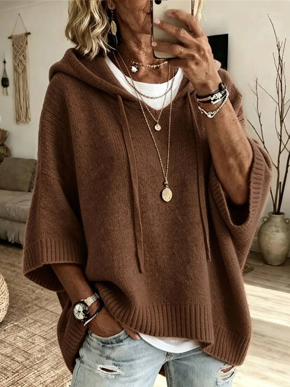 Women New Loose Batwing Short‑Sleeve Hooded Drawstring Knit Sweater