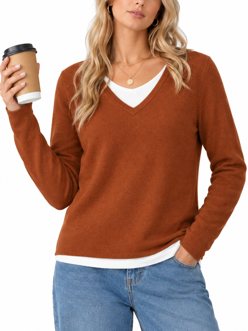 Women's 2 in 1 Patchwork V Neck Casual Sweater Tops Knitwear Long Sleeve